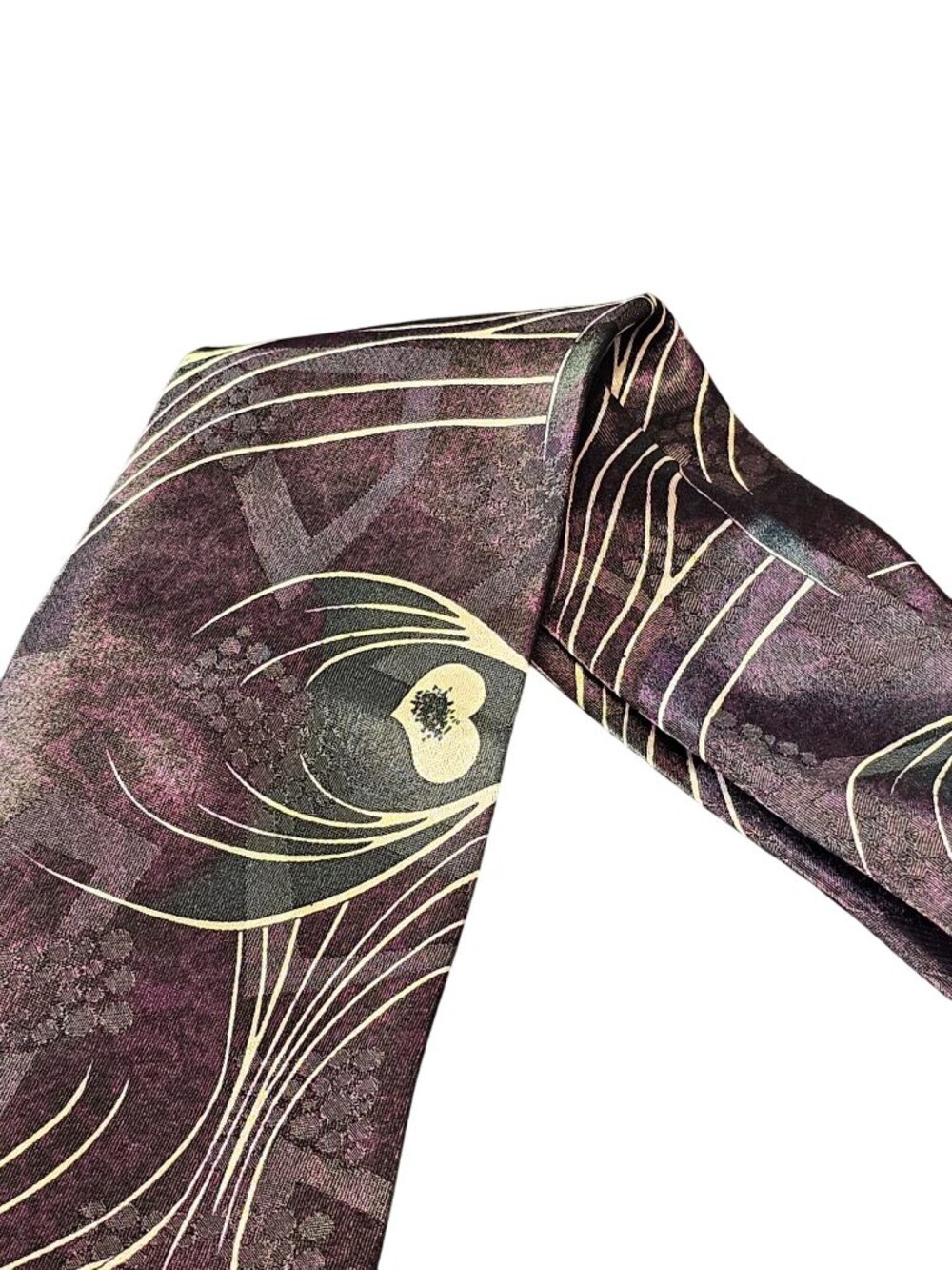 Vintage Bossanoba Silk Tie With Purple & Cream Abstract Floral and Heart Design - Picture 5 of 10